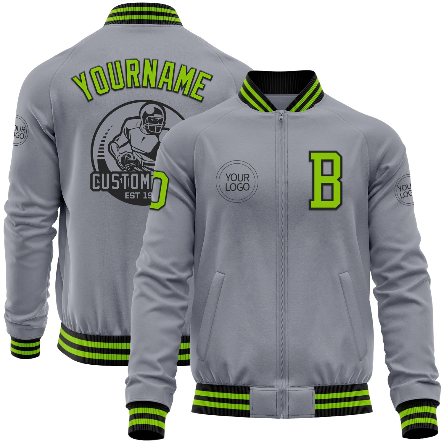 Custom Gray Neon Green-Black Bomber Varsity Letterman Zipper Jacket - Main View