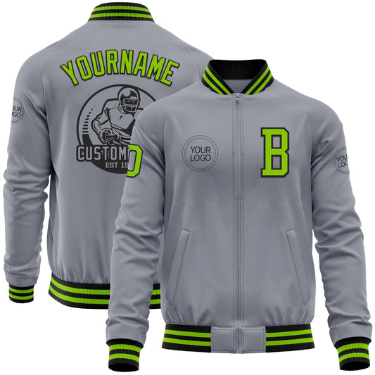 Custom Gray Neon Green-Black Bomber Varsity Letterman Zipper Jacket - Main View