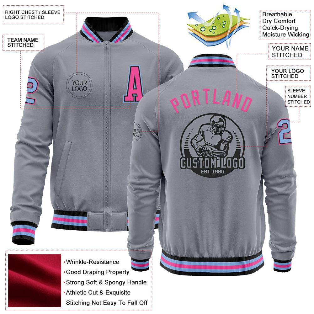 Custom Gray Light Blue Black-Pink Bomber Varsity Letterman Zipper Jacket view 4