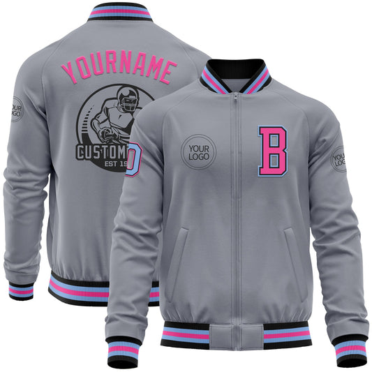 Custom Gray Light Blue Black-Pink Bomber Varsity Letterman Zipper Jacket - Main View