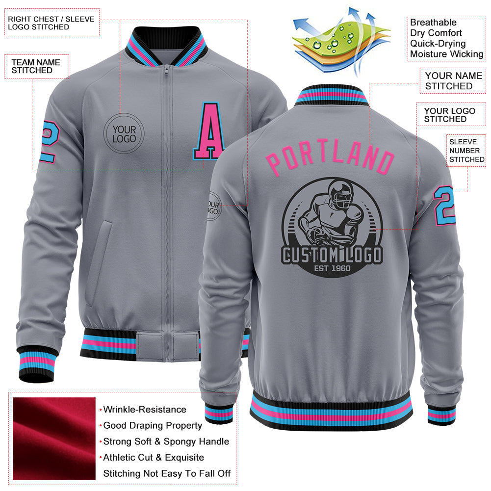 Custom Gray Sky Blue Black-Pink Bomber Varsity Letterman Zipper Jacket view 4