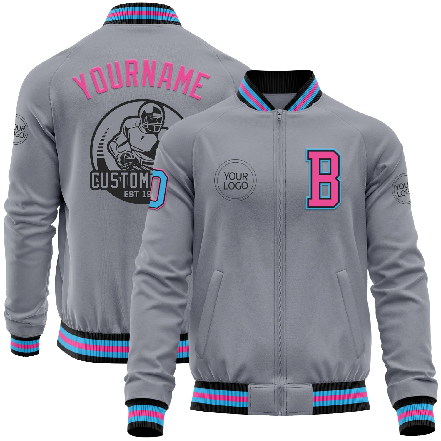Custom Gray Sky Blue Black-Pink Bomber Varsity Letterman Zipper Jacket - Main View