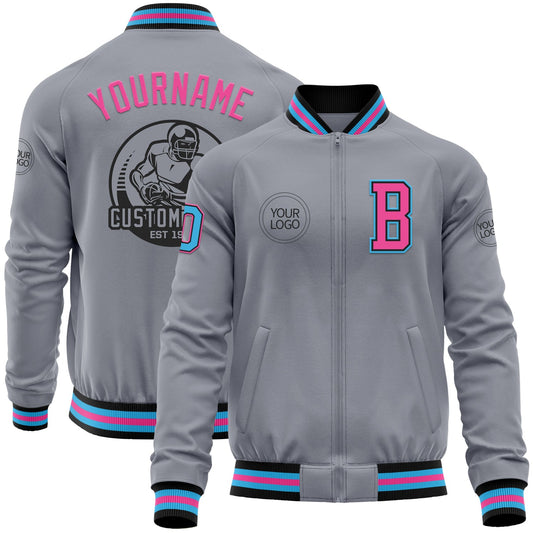 Custom Gray Sky Blue Black-Pink Bomber Varsity Letterman Zipper Jacket - Main View