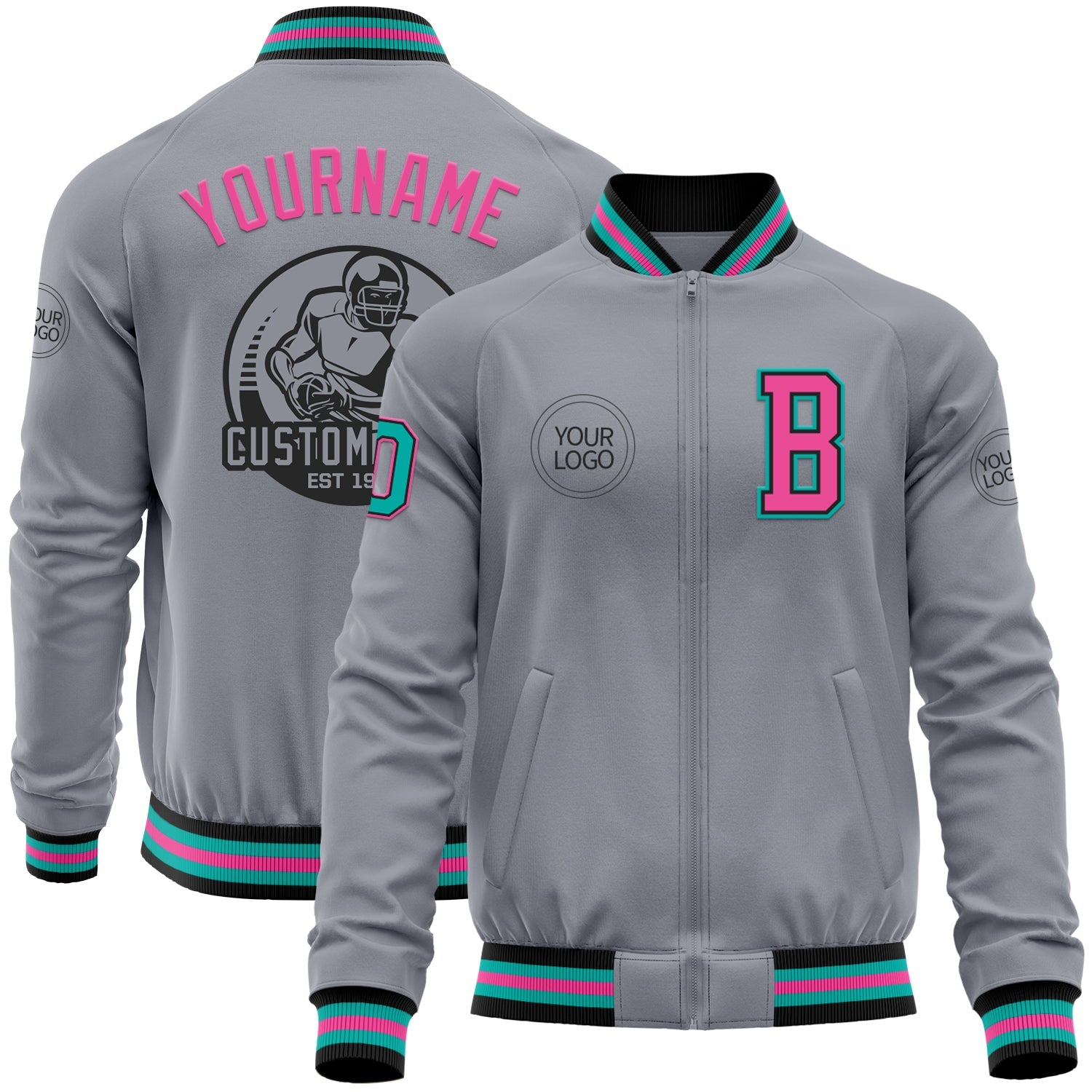 Custom Gray Aqua Black-Pink Bomber Varsity Letterman Zipper Jacket - Main View