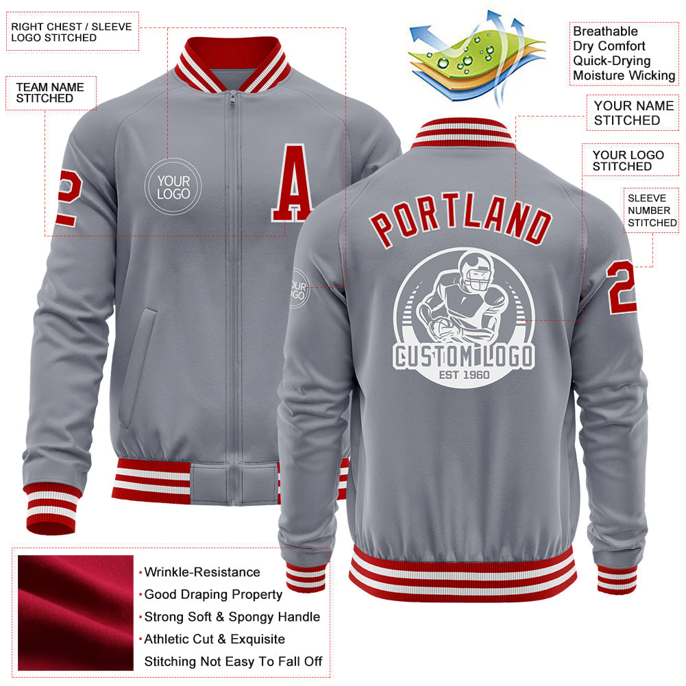 Custom Gray Red-White Bomber Varsity Letterman Zipper Jacket view 4