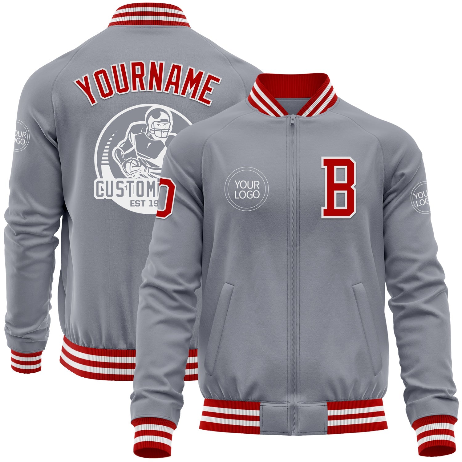 Custom Gray Red-White Bomber Varsity Letterman Zipper Jacket - Main View