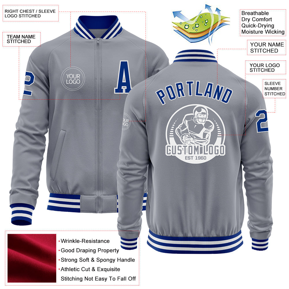 Custom Gray Royal-White Bomber Varsity Letterman Zipper Jacket view 4