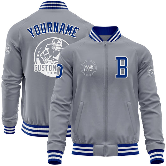 Custom Gray Royal-White Bomber Varsity Letterman Zipper Jacket - Main View
