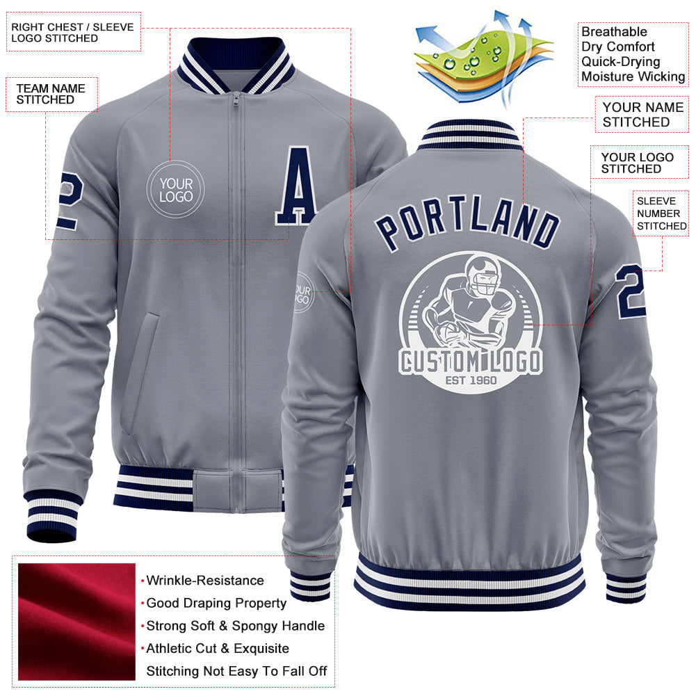 Custom Gray Navy-White Bomber Varsity Letterman Zipper Jacket view 4