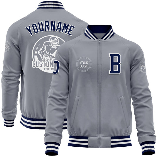 Custom Gray Navy-White Bomber Varsity Letterman Zipper Jacket - Main View