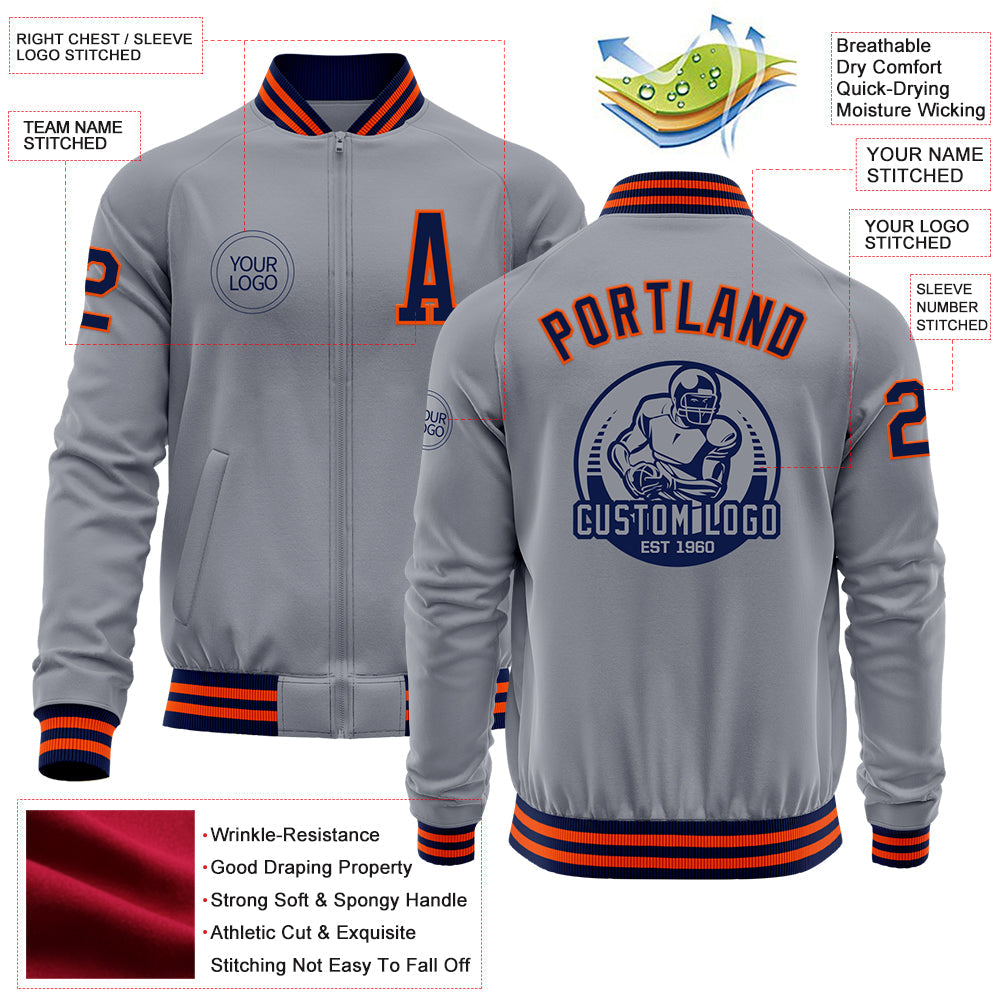 Custom Gray Navy-Orange Bomber Varsity Letterman Zipper Jacket view 4