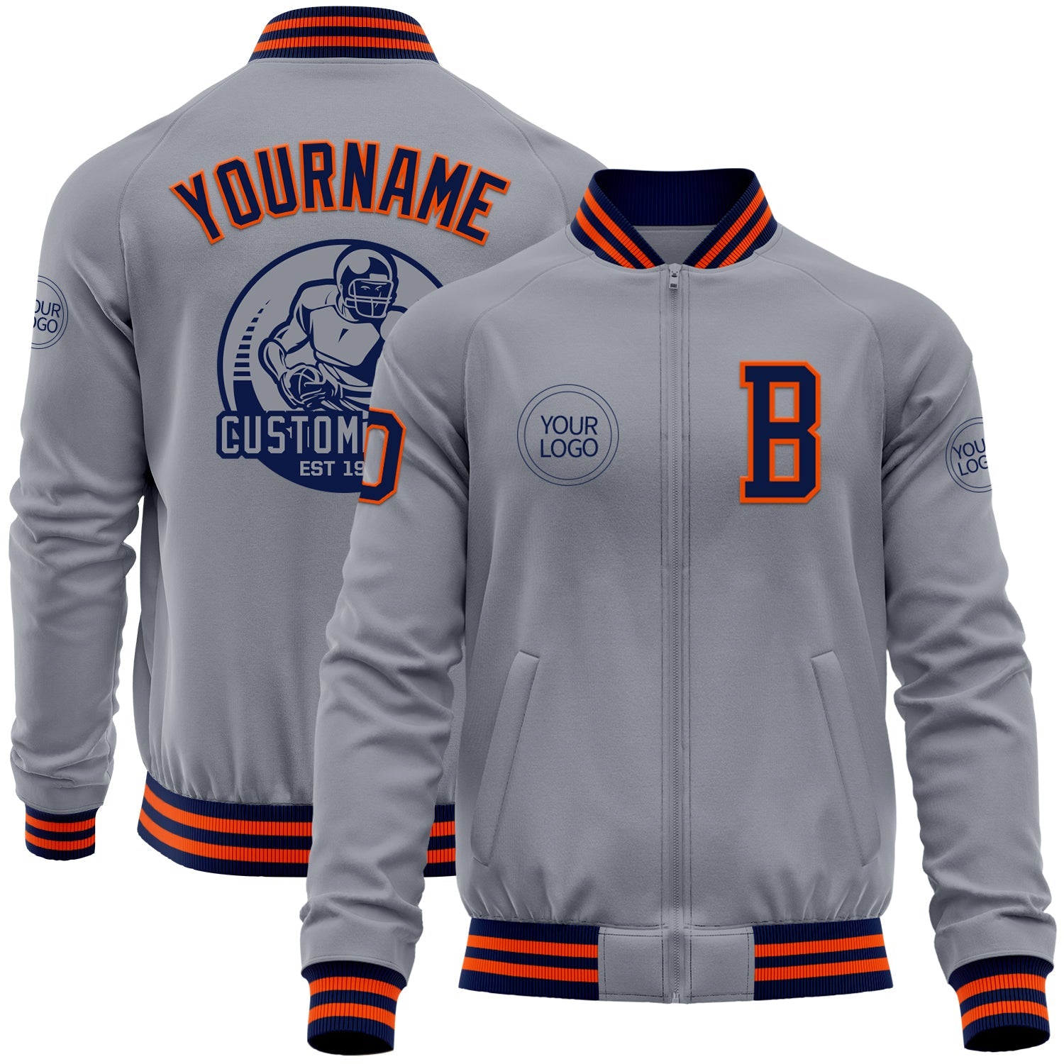 Custom Gray Navy-Orange Bomber Varsity Letterman Zipper Jacket - Main View