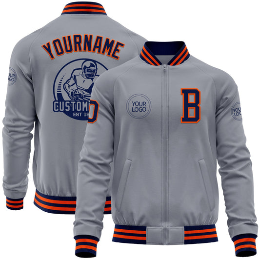 Custom Gray Navy-Orange Bomber Varsity Letterman Zipper Jacket - Main View