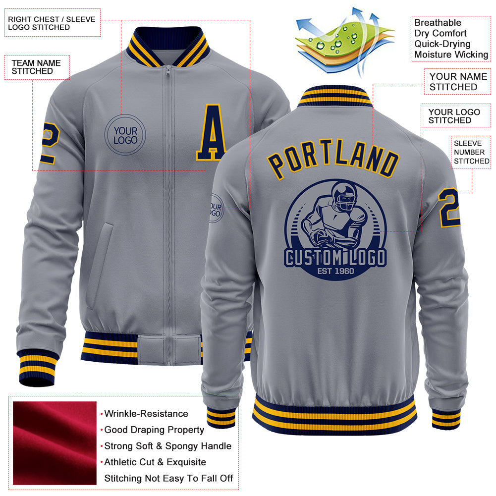 Custom Gray Navy-Gold Bomber Varsity Letterman Zipper Jacket view 4