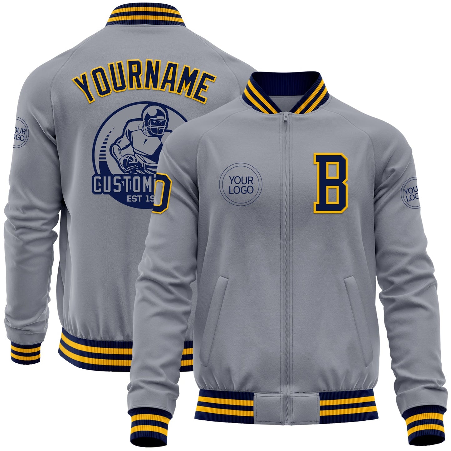 Custom Gray Navy-Gold Bomber Varsity Letterman Zipper Jacket - Main View