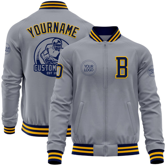 Custom Gray Navy-Gold Bomber Varsity Letterman Zipper Jacket - Main View