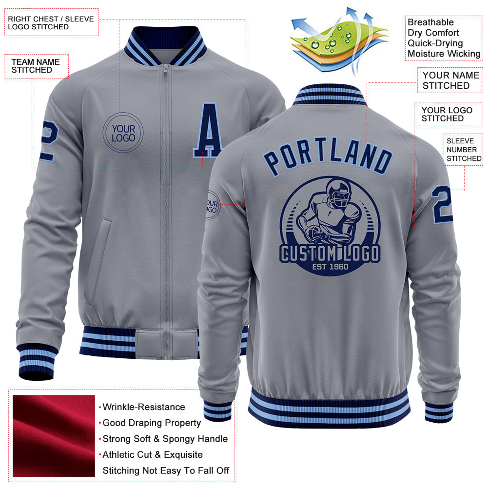 Custom Gray Navy-Light Blue Bomber Varsity Letterman Zipper Jacket view 4