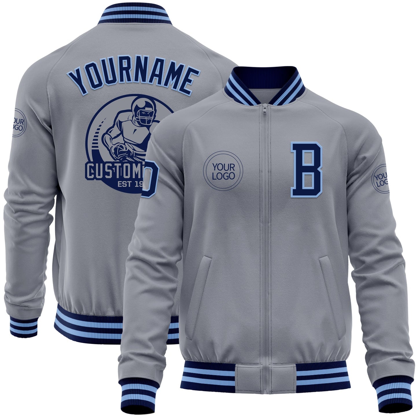 Custom Gray Navy-Light Blue Bomber Varsity Letterman Zipper Jacket - Main View