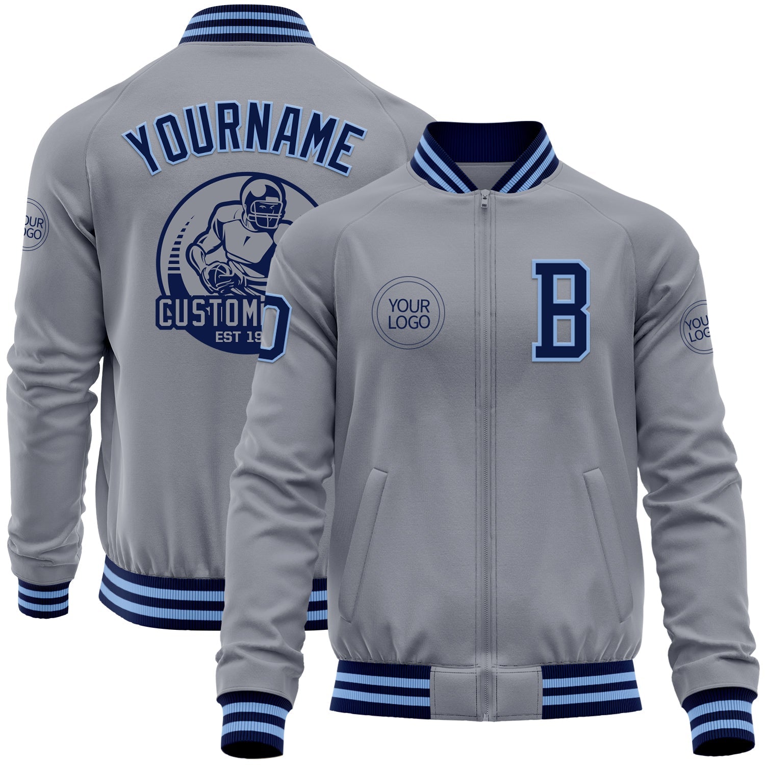 Custom Gray Navy-Light Blue Bomber Varsity Letterman Zipper Jacket - Main View