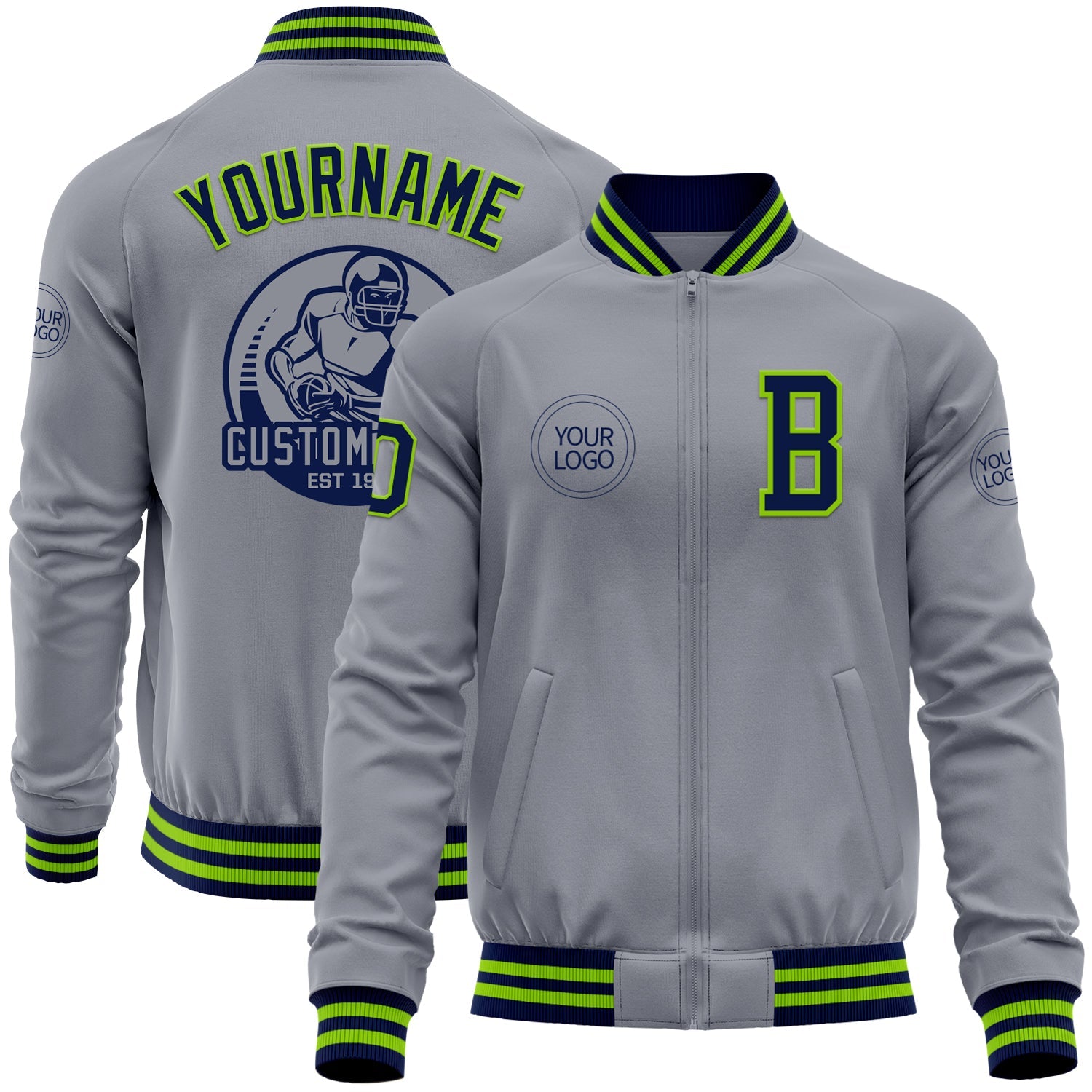 Custom Gray Navy-Neon Green Bomber Varsity Letterman Zipper Jacket - Main View