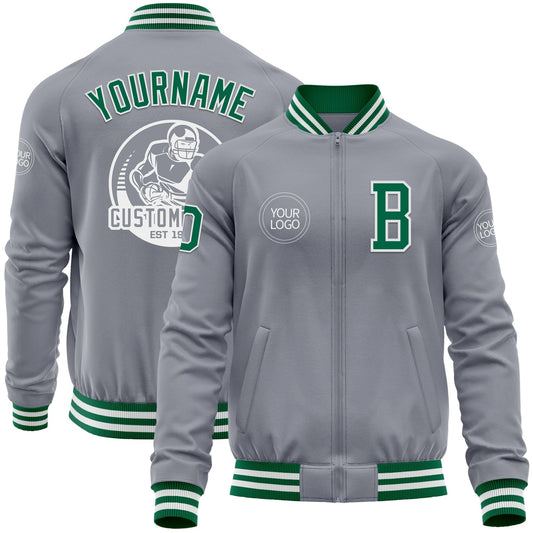 Custom Gray Kelly Green-White Bomber Varsity Letterman Zipper Jacket - Main View