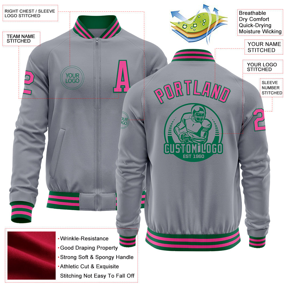 Custom Gray Pink-Kelly Green Bomber Varsity Letterman Zipper Jacket view 4