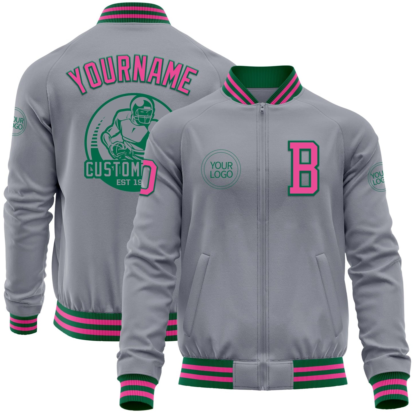 Custom Gray Pink-Kelly Green Bomber Varsity Letterman Zipper Jacket - Main View
