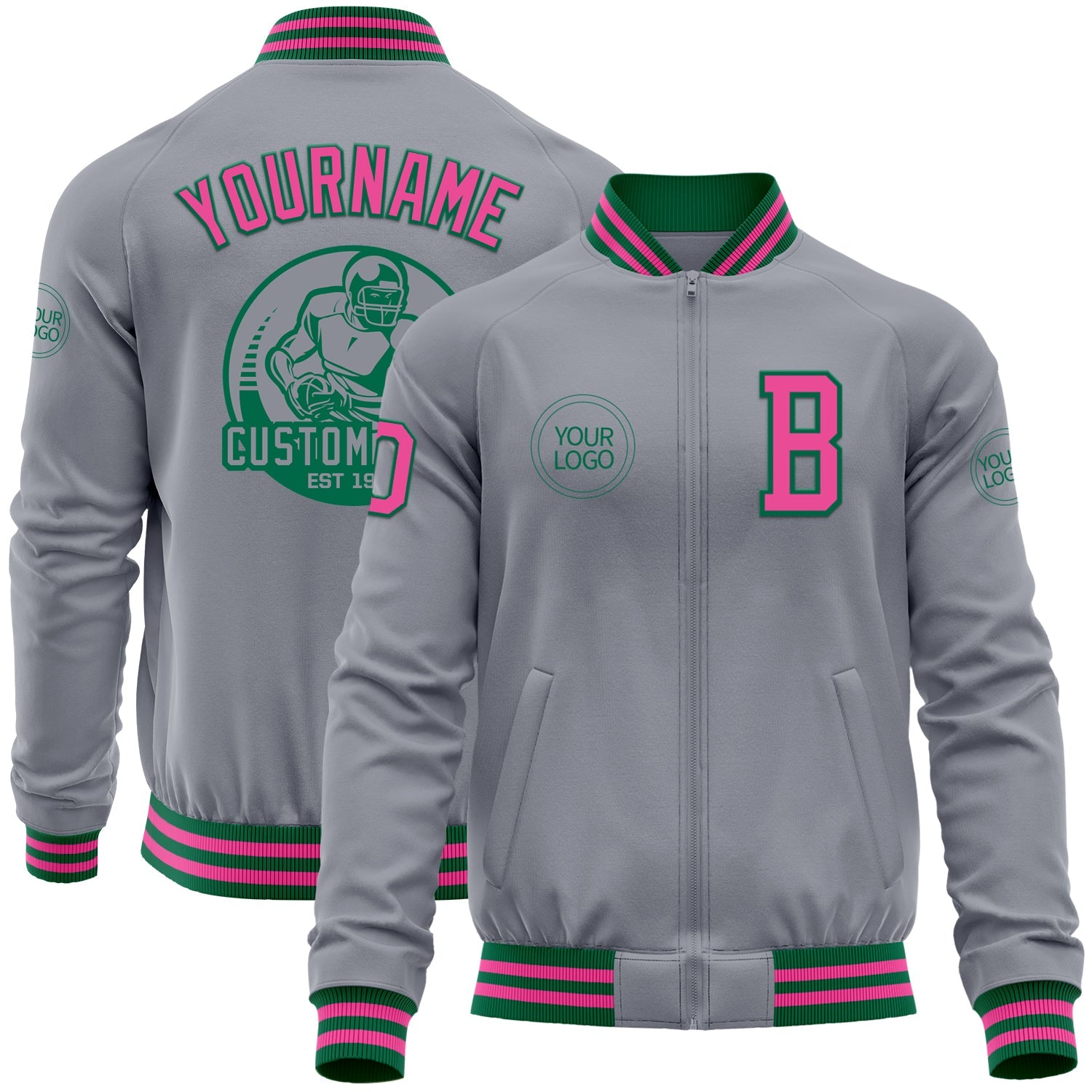 Custom Gray Pink-Kelly Green Bomber Varsity Letterman Zipper Jacket - Main View