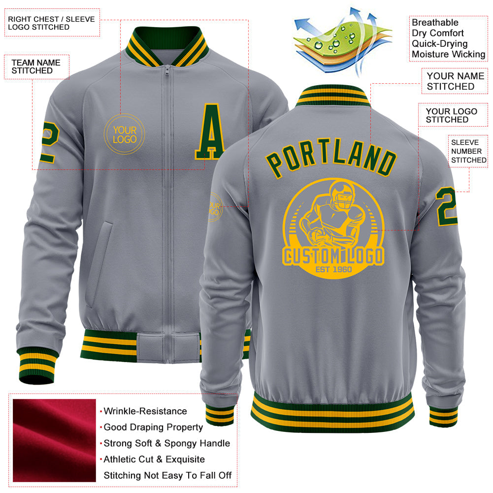 Custom Gray Green-Gold Bomber Varsity Letterman Zipper Jacket view 4