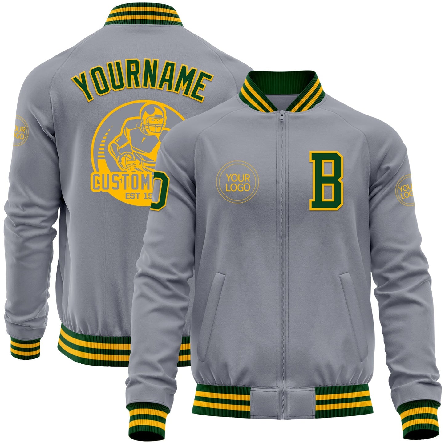 Custom Gray Green-Gold Bomber Varsity Letterman Zipper Jacket - Main View