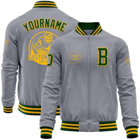 Custom Gray Green-Gold Bomber Varsity Letterman Zipper Jacket - Main View