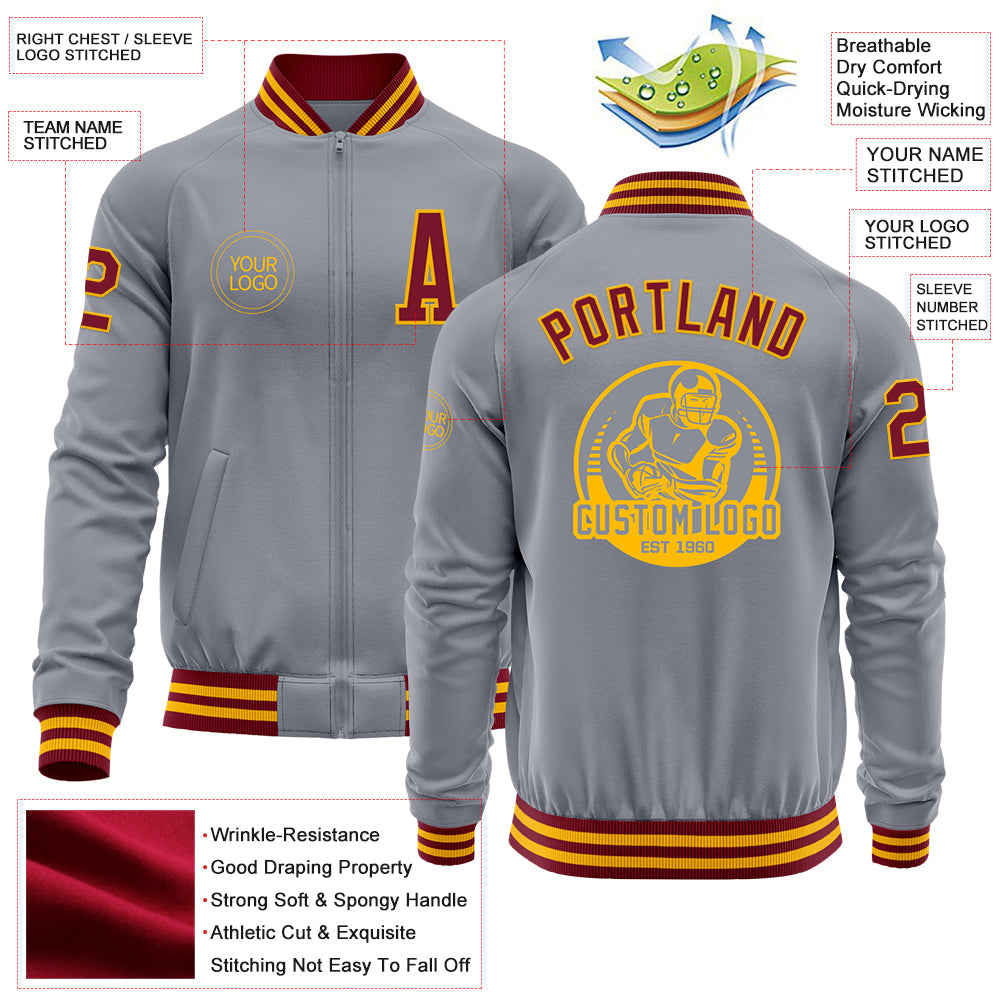 Custom Gray Crimson-Gold Bomber Varsity Letterman Zipper Jacket view 4