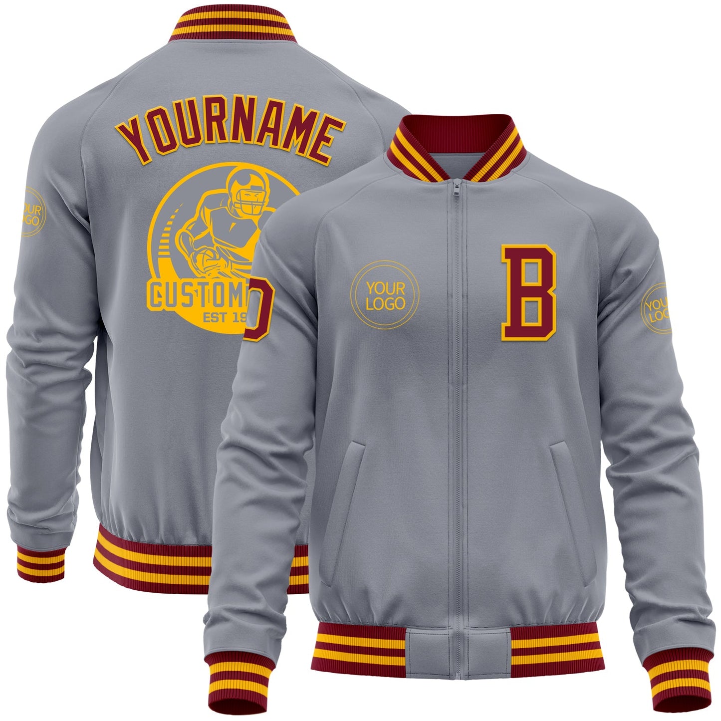 Custom Gray Crimson-Gold Bomber Varsity Letterman Zipper Jacket - Main View