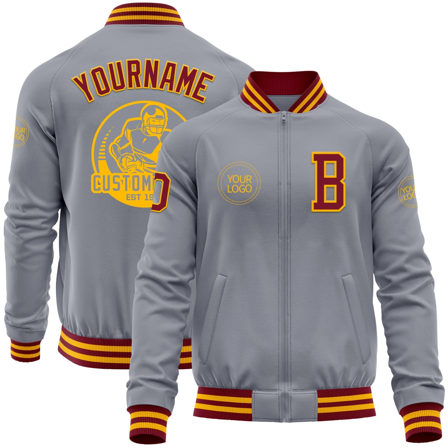 Custom Gray Crimson-Gold Bomber Varsity Letterman Zipper Jacket - Main View