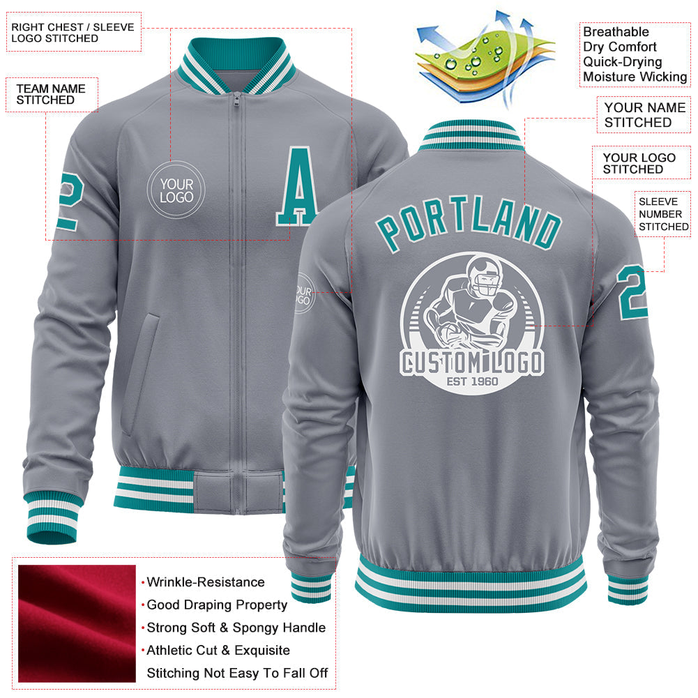 Custom Gray Teal-White Bomber Varsity Letterman Zipper Jacket view 4