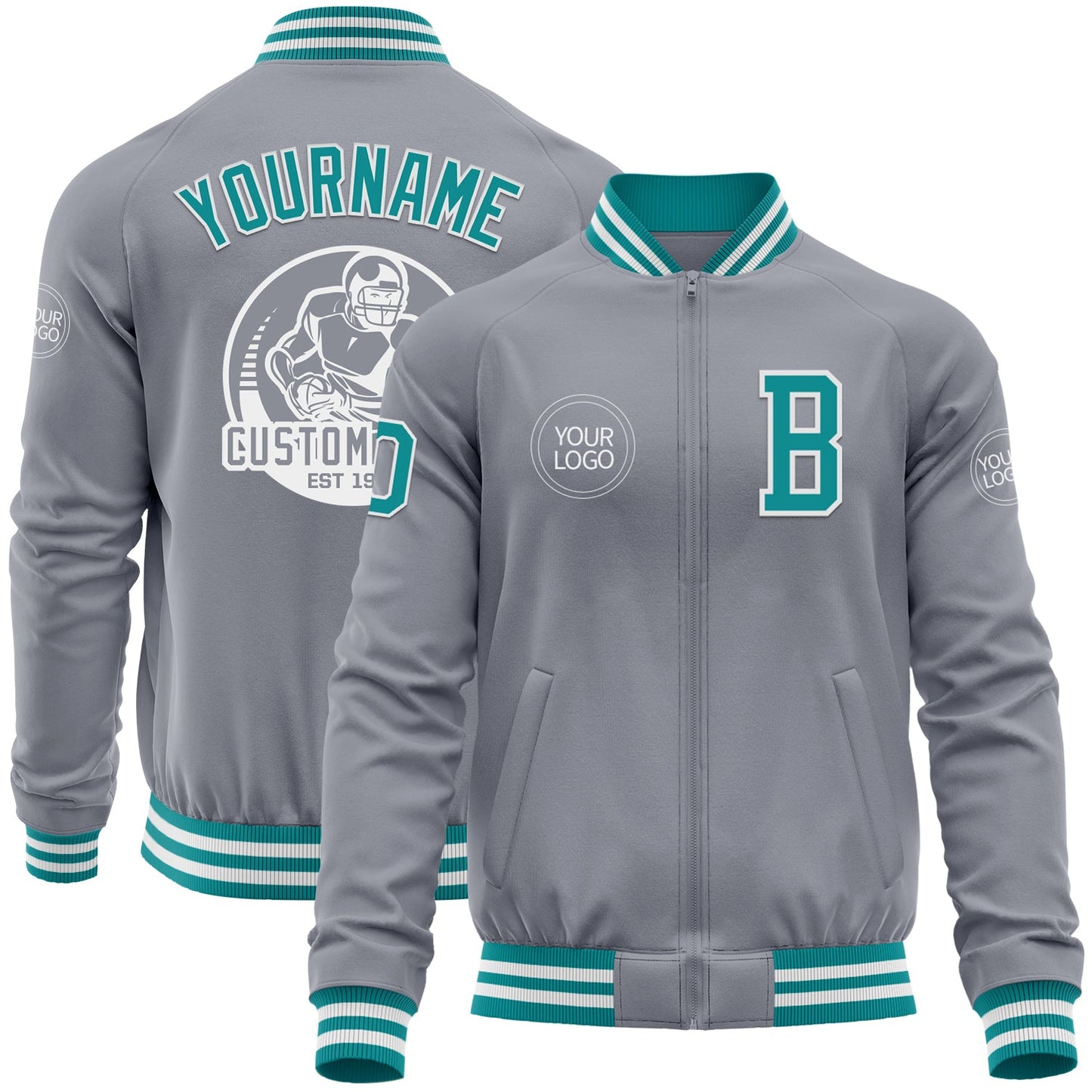 Custom Gray Teal-White Bomber Varsity Letterman Zipper Jacket - Main View