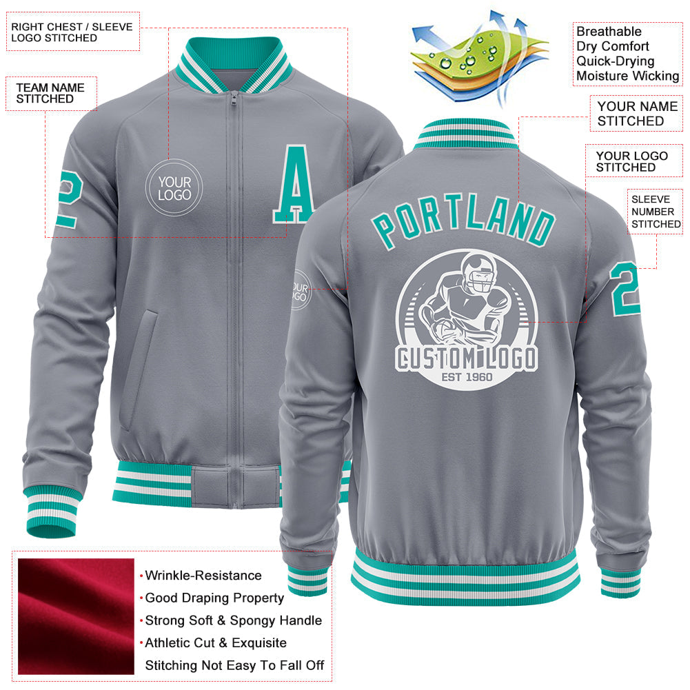 Custom Gray Aqua-White Bomber Varsity Letterman Zipper Jacket view 4