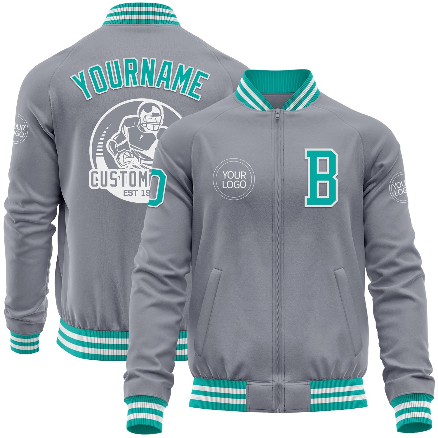 Custom Gray Aqua-White Bomber Varsity Letterman Zipper Jacket - Main View
