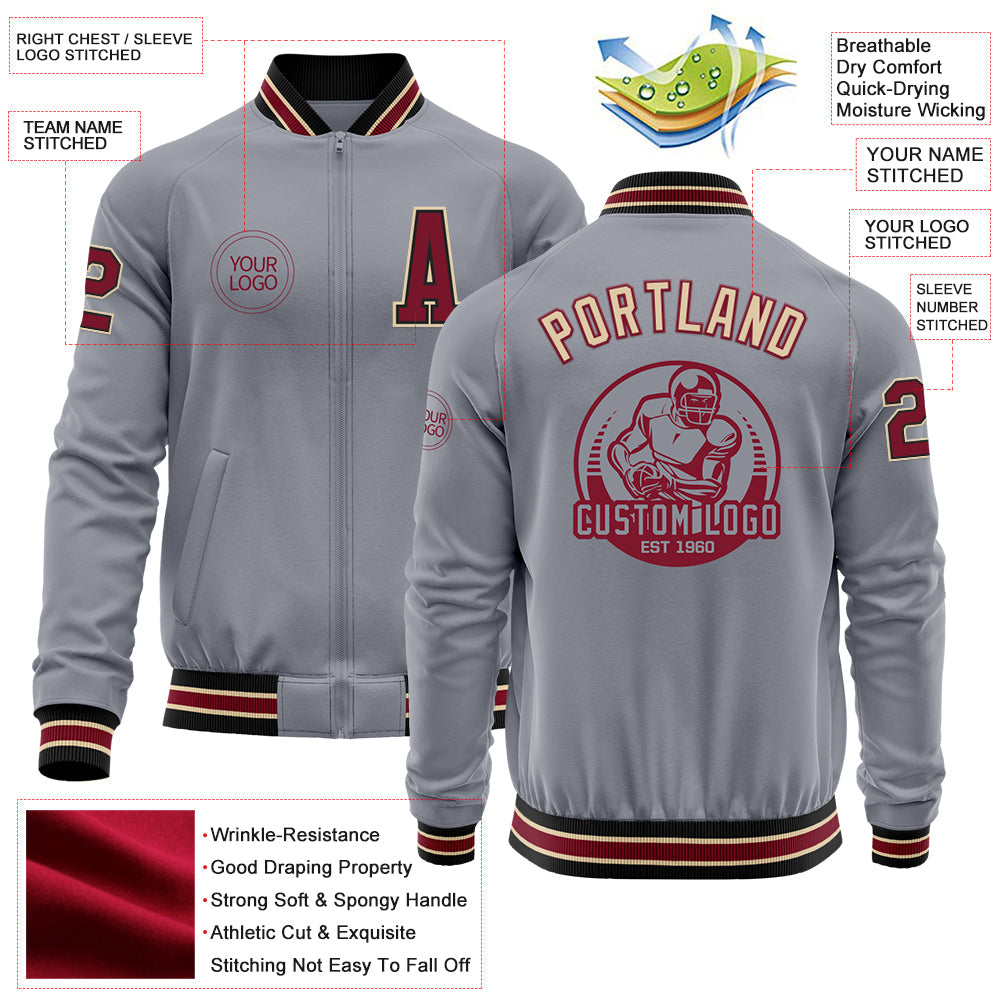 Custom Gray Crimson Black-City Cream Bomber Varsity Letterman Zipper Jacket view 4