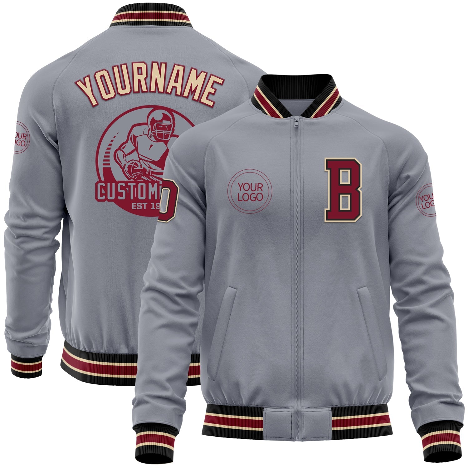 Custom Gray Crimson Black-City Cream Bomber Varsity Letterman Zipper Jacket - Main View