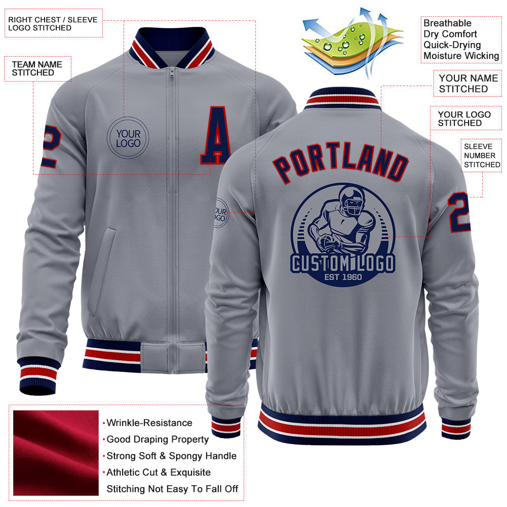 Custom Gray Navy-Red Bomber Varsity Letterman Zipper Jacket view 4