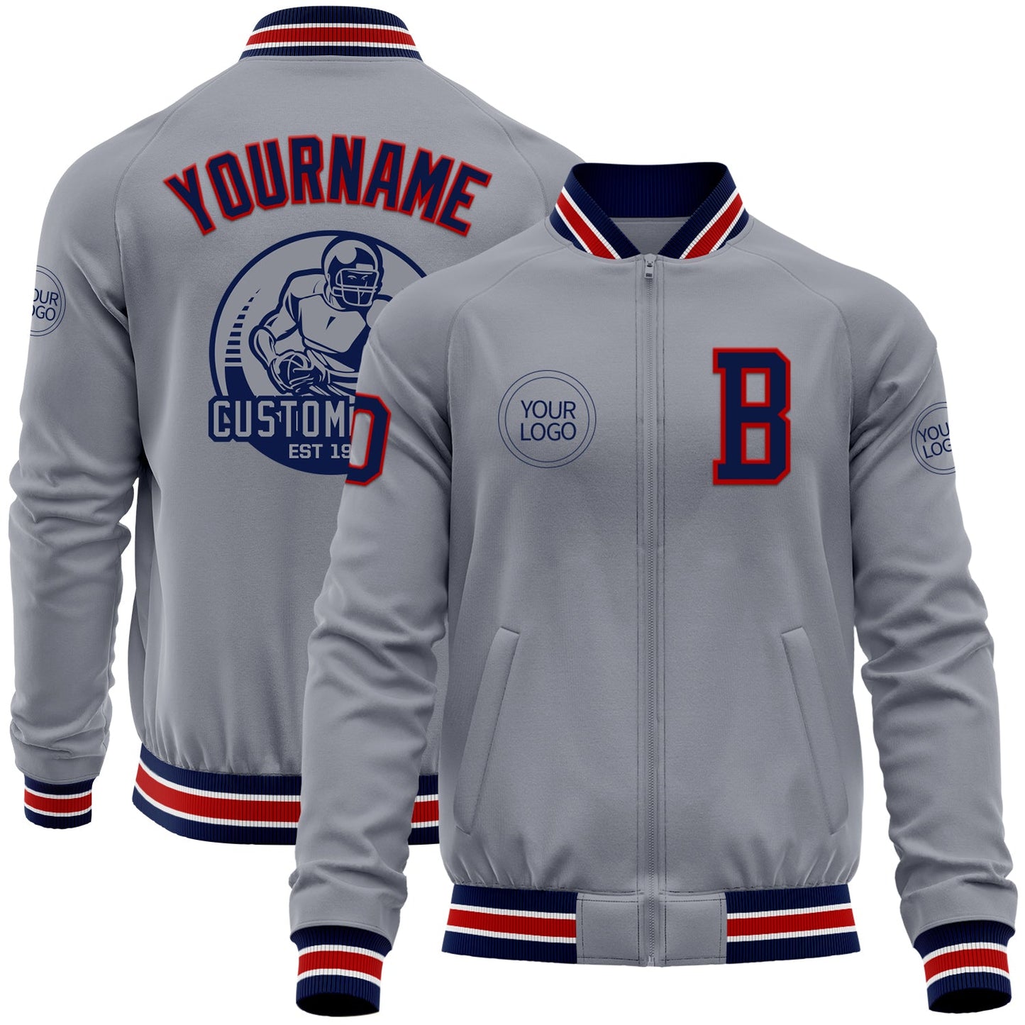 Custom Gray Navy-Red Bomber Varsity Letterman Zipper Jacket - Main View