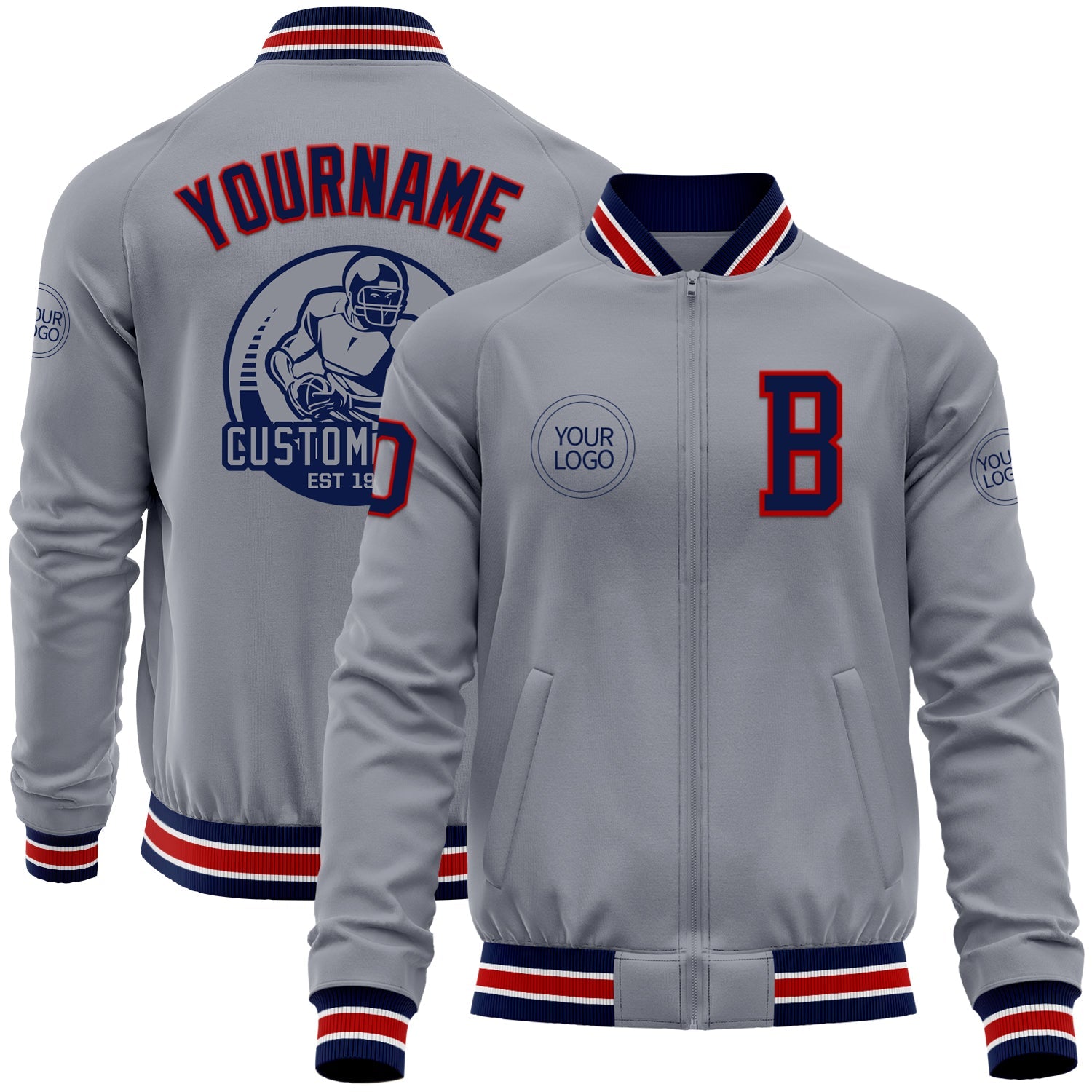 Custom Gray Navy-Red Bomber Varsity Letterman Zipper Jacket - Main View