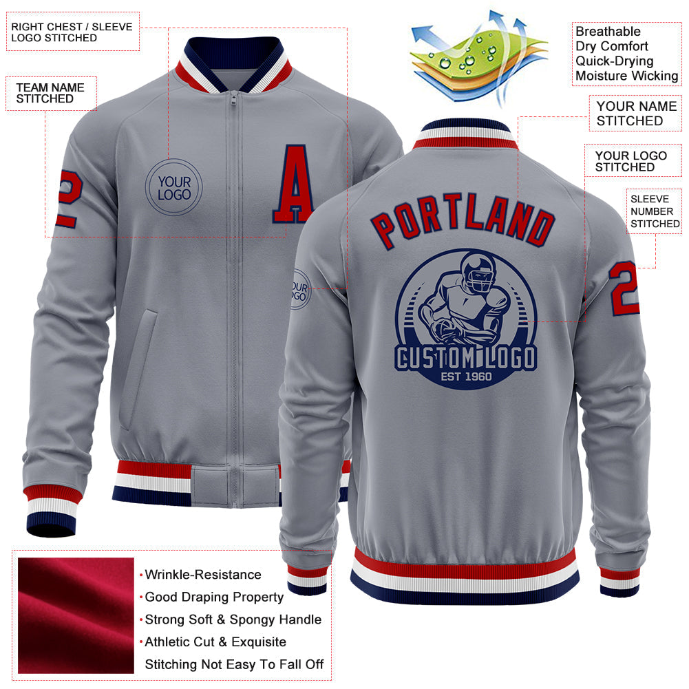 Custom Gray Red-Navy Bomber Varsity Letterman Zipper Jacket view 4