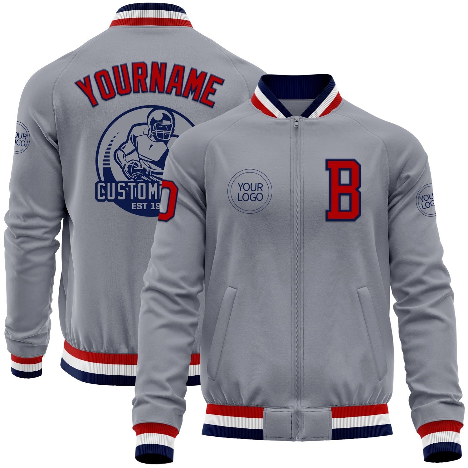 Custom Gray Red-Navy Bomber Varsity Letterman Zipper Jacket - Main View