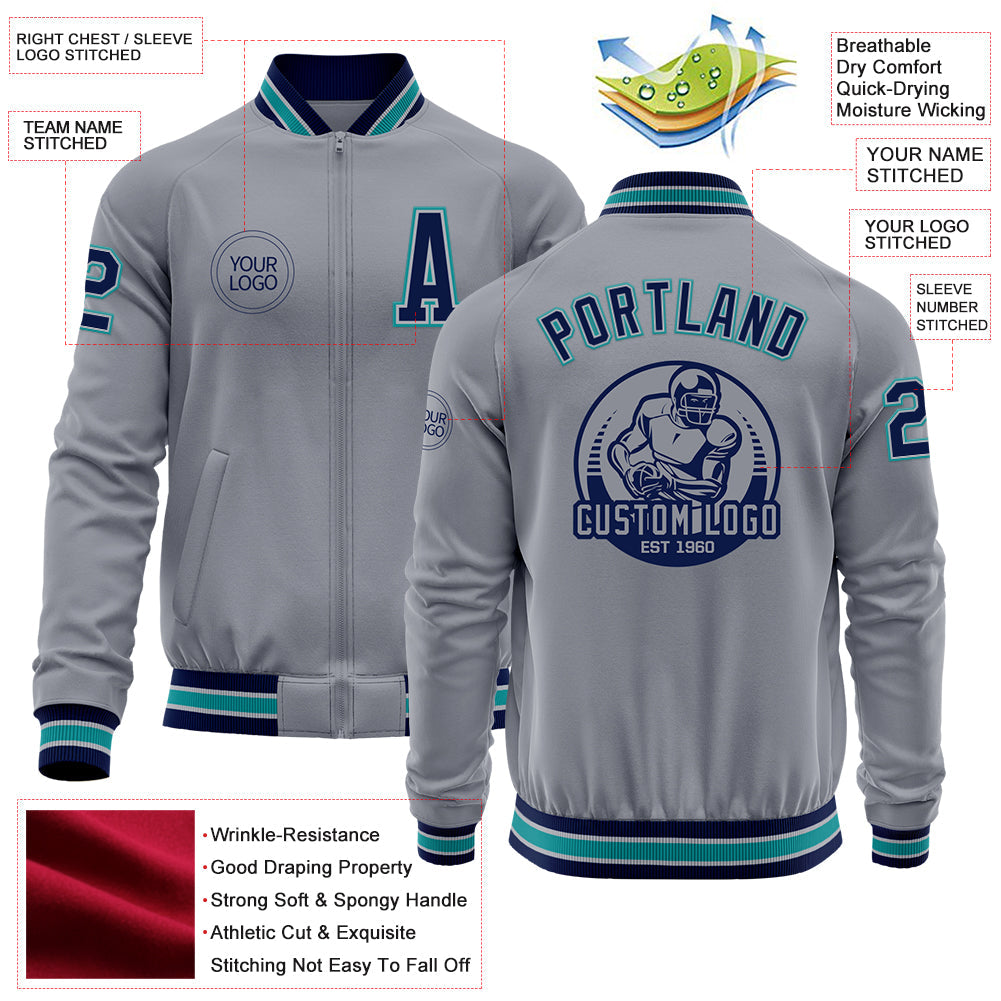 Custom Gray Navy-Teal Bomber Varsity Letterman Zipper Jacket view 4
