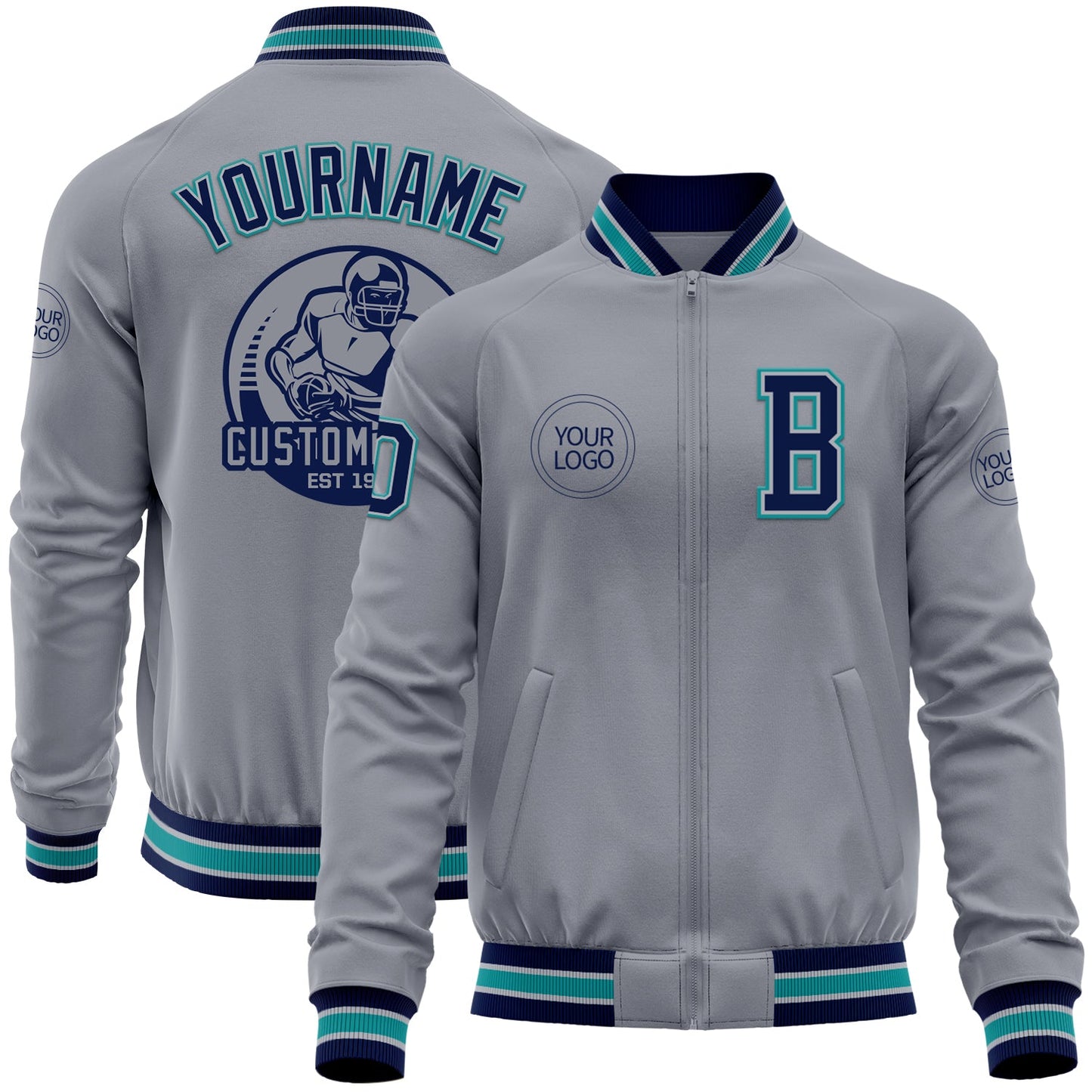 Custom Gray Navy-Teal Bomber Varsity Letterman Zipper Jacket - Main View