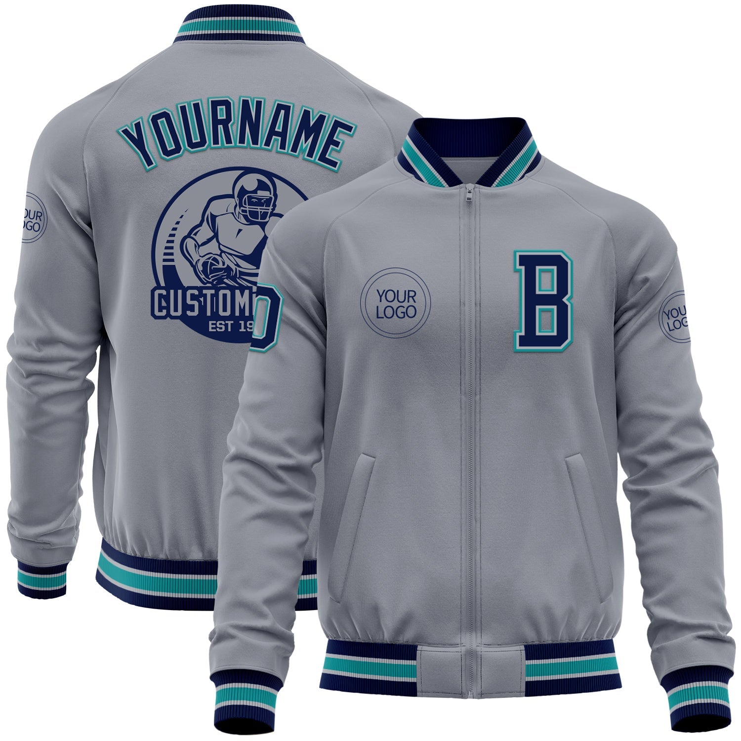 Custom Gray Navy-Teal Bomber Varsity Letterman Zipper Jacket - Main View