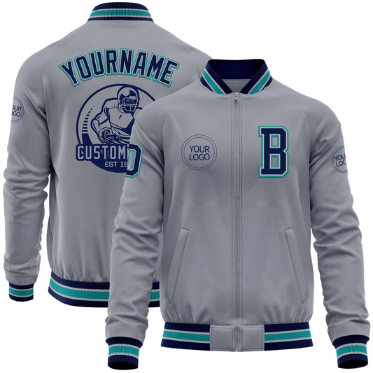 Custom Gray Navy-Teal Bomber Varsity Letterman Zipper Jacket - Main View