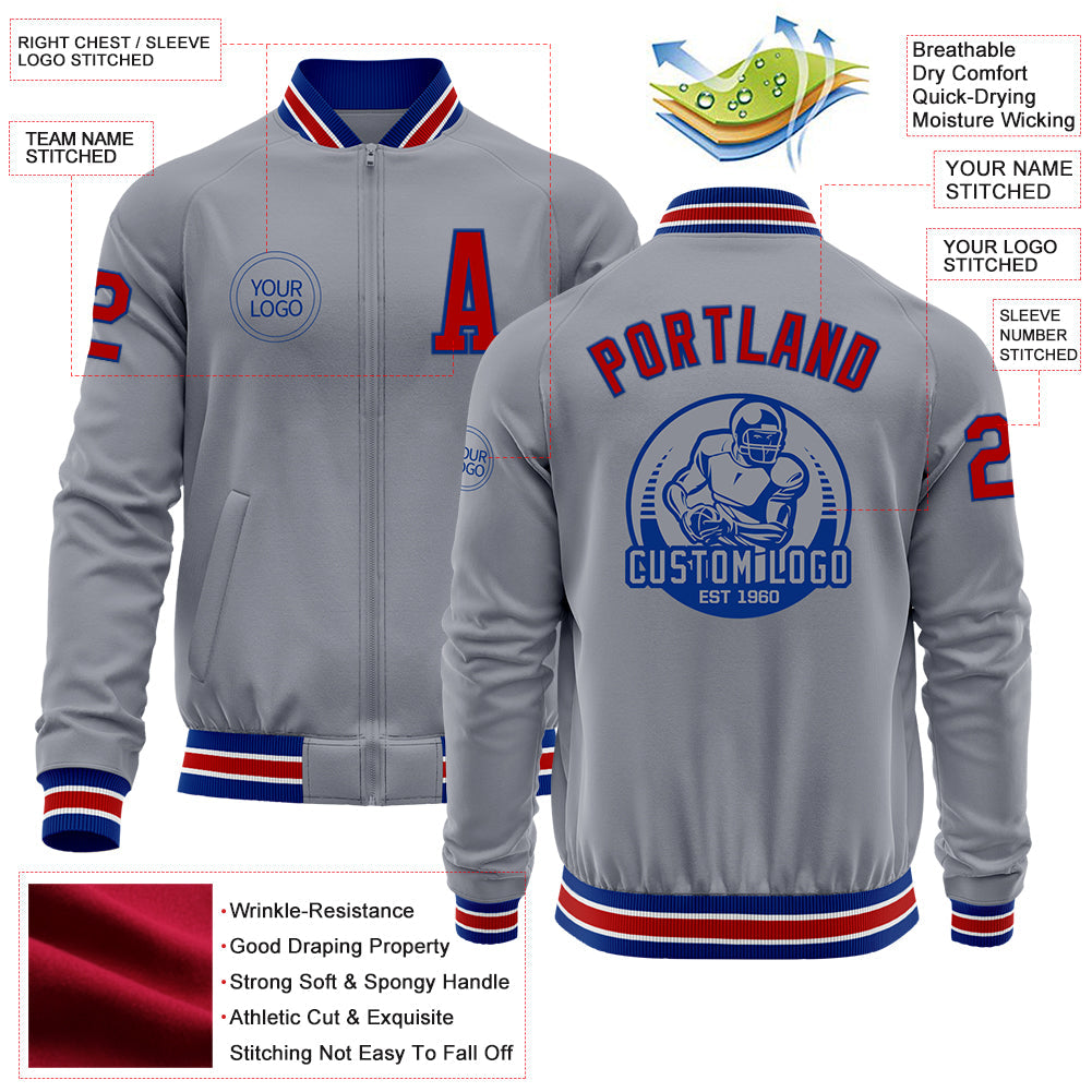 Custom Gray Red-Royal Bomber Varsity Letterman Zipper Jacket view 4